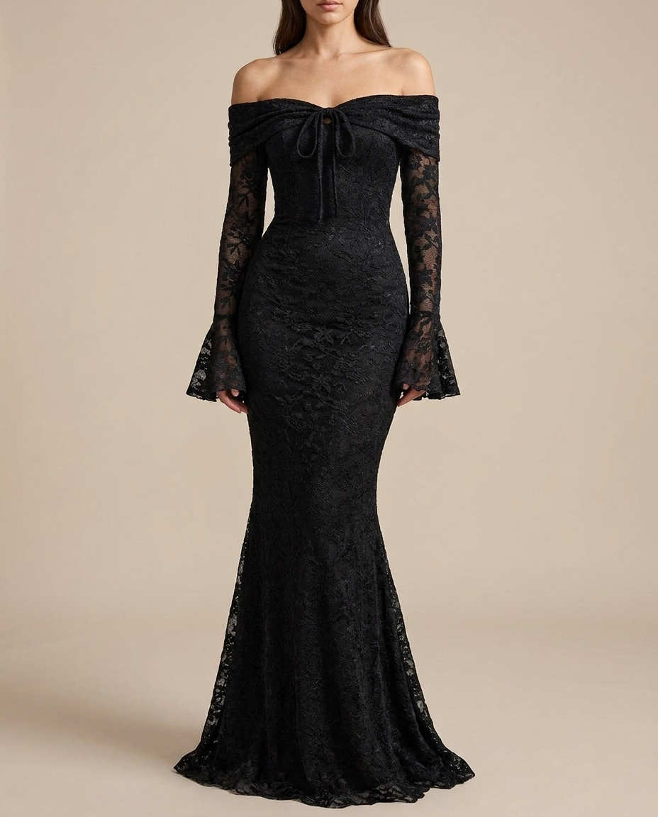 Adult model wearing the BIA Valentina Mermaid Gown in black floral lace, off-shoulder with a tie front and flared lace sleeves, full-length front view.