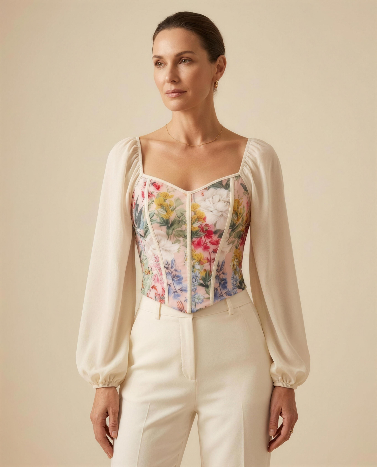 The Wren Botanical Corset Blouse, panelled printed bodice with sweetheart neckline and cream lantern sleeves