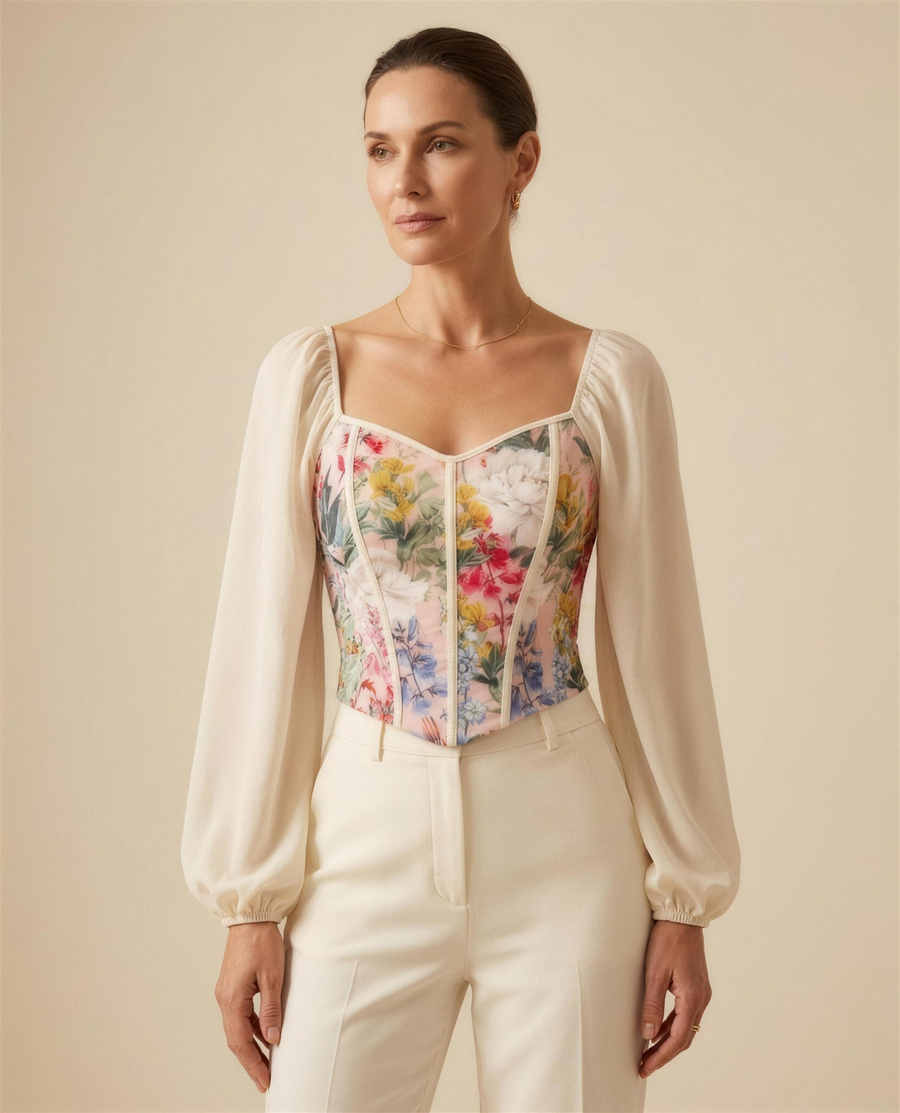 The Wren Botanical Corset Blouse, panelled printed bodice with sweetheart neckline and cream lantern sleeves