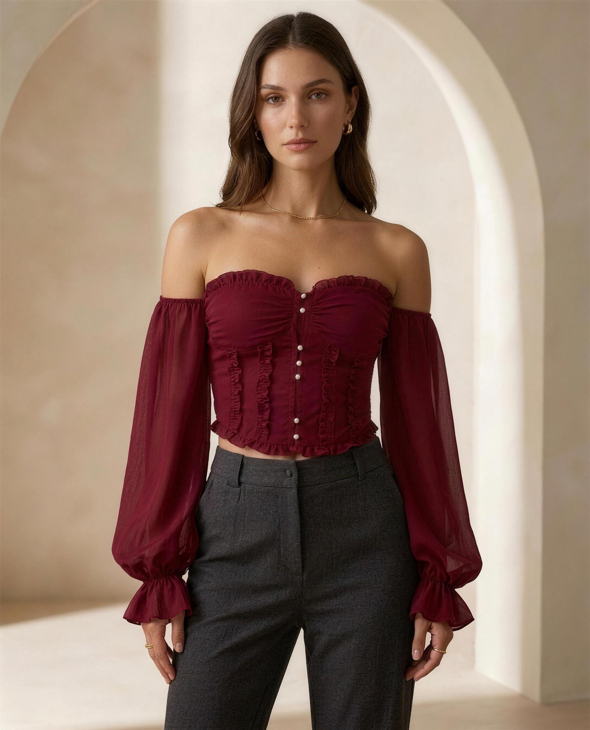 The Aveline Pearl-Button Blouse in burgundy, full front view