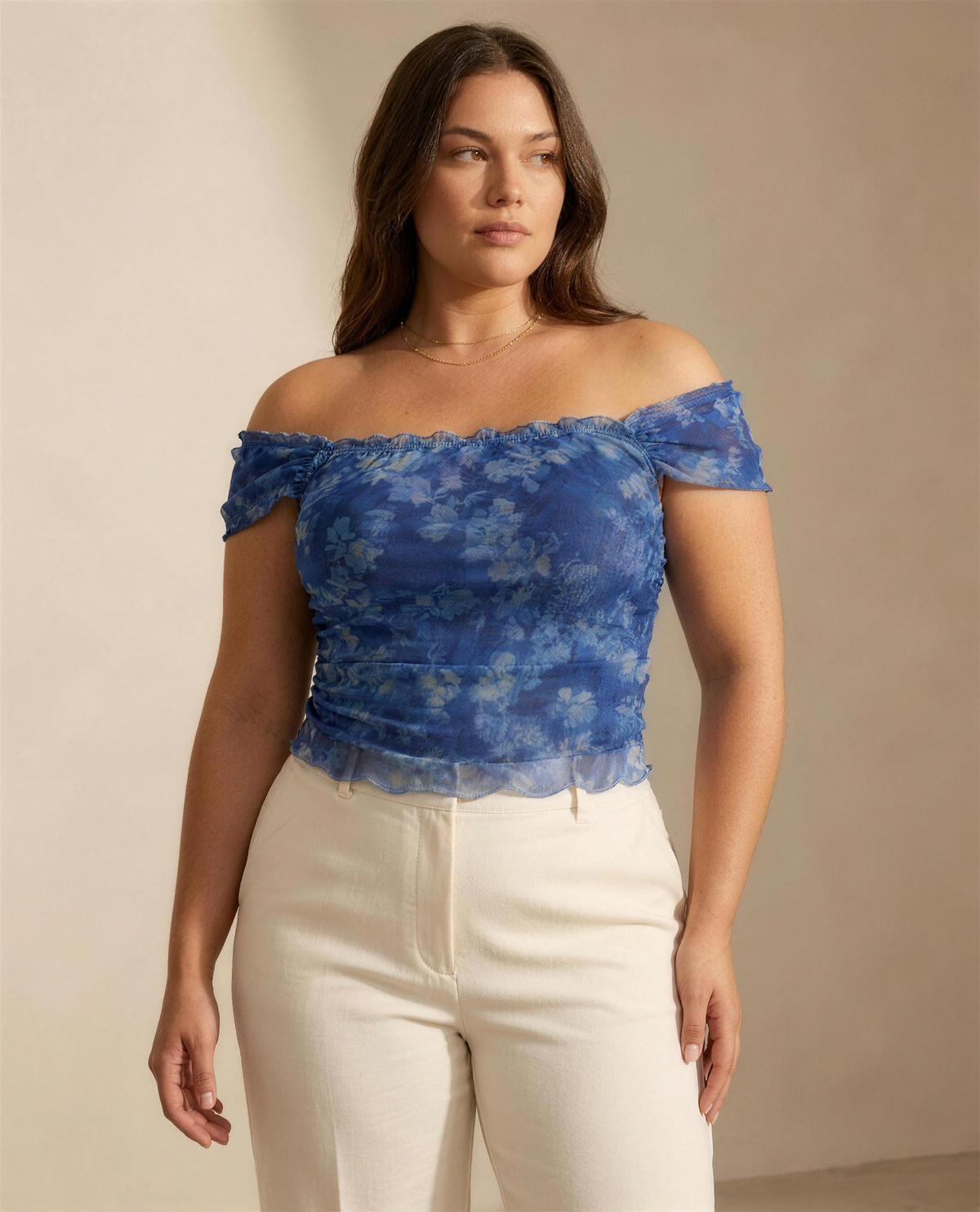 The Isolde Mesh Off-Shoulder Top, full front view showing the ruched body and lettuce hem