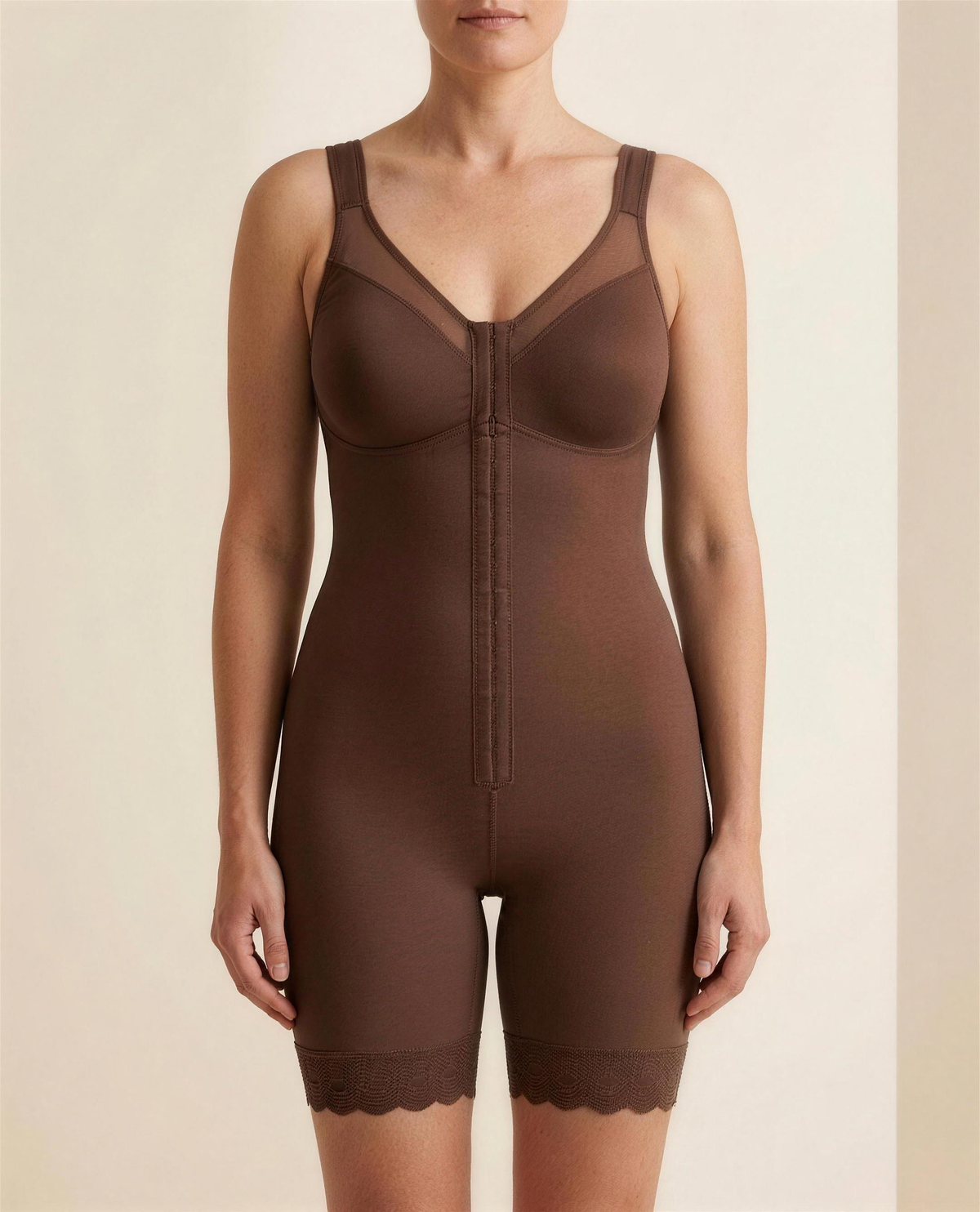 The Verity Lace-Trim Shaping Layer in chocolate, front view
