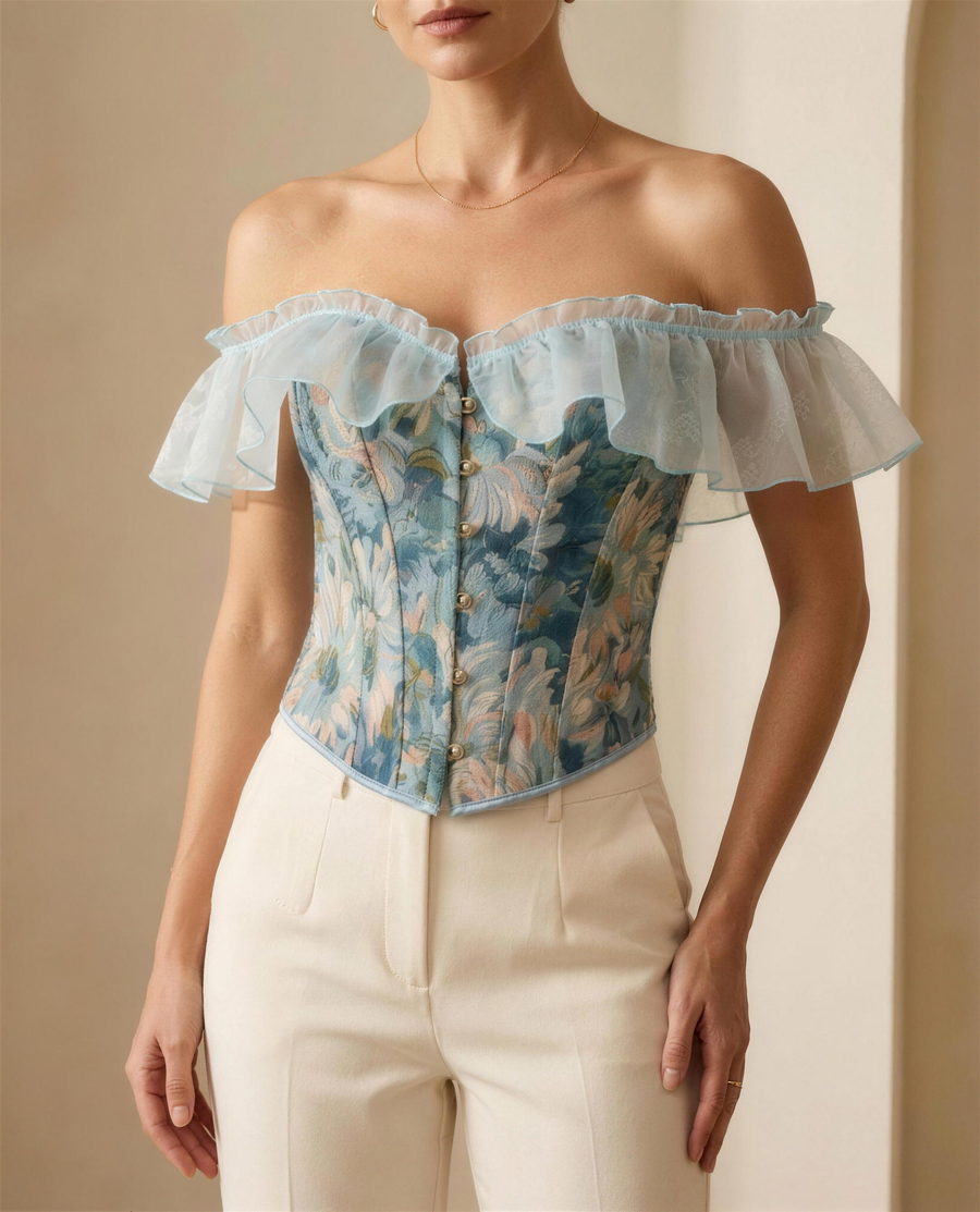 The Camille Boned Corset Top, floral tapestry jacquard bodice with gold button front and organza petal flounces