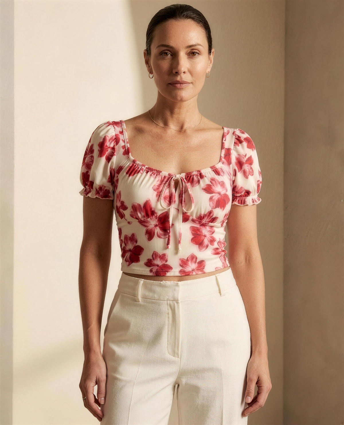 The Marlowe Floral Crop Top, full front view showing the cropped hem