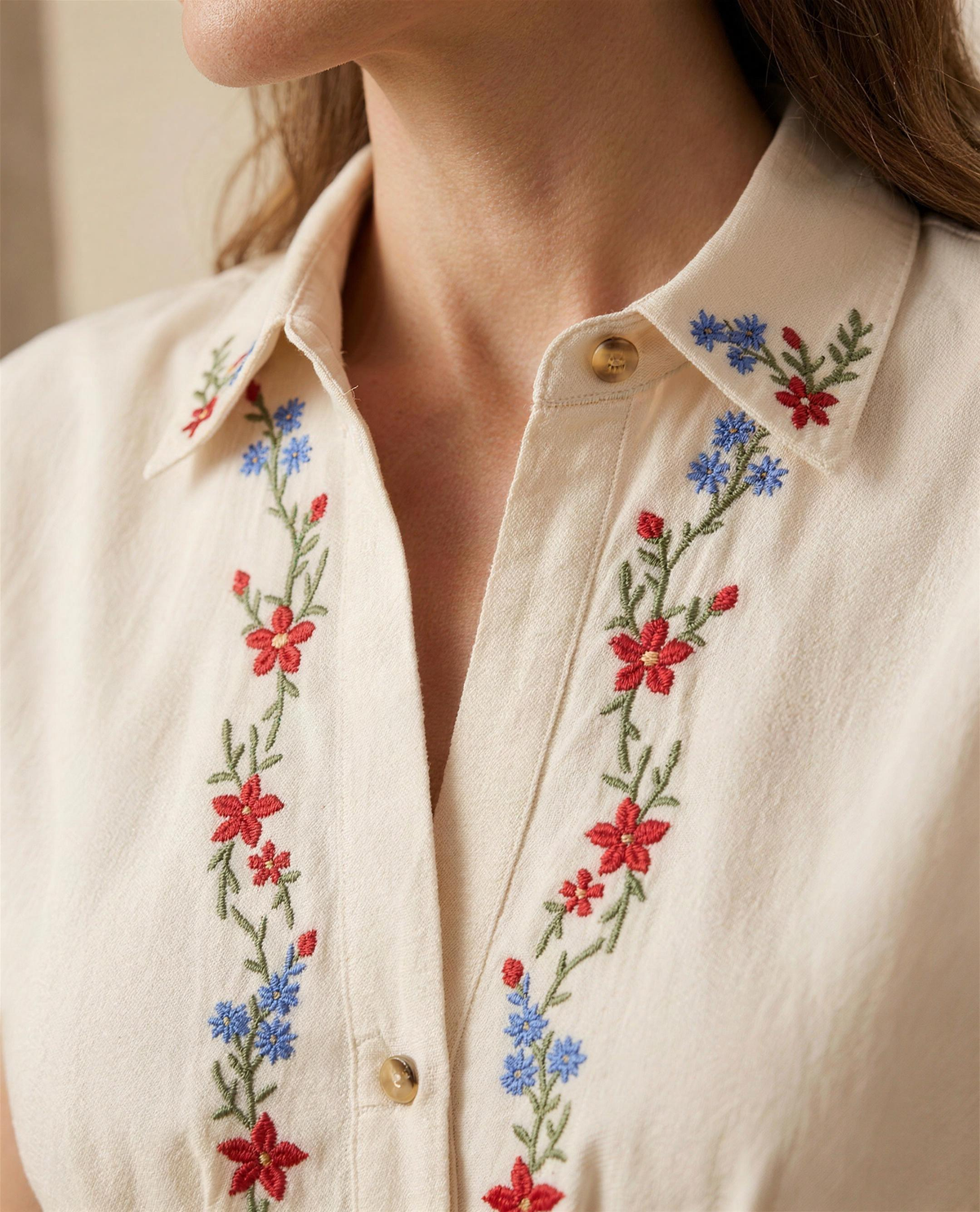 Close detail of the floral embroidery, collar point and tortoiseshell buttons on woven cotton