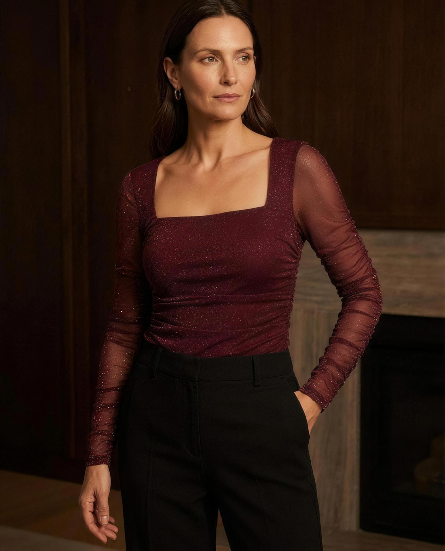 The Solene Glitter Mesh Top in burgundy, square neckline with sheer gathered glitter mesh sleeves
