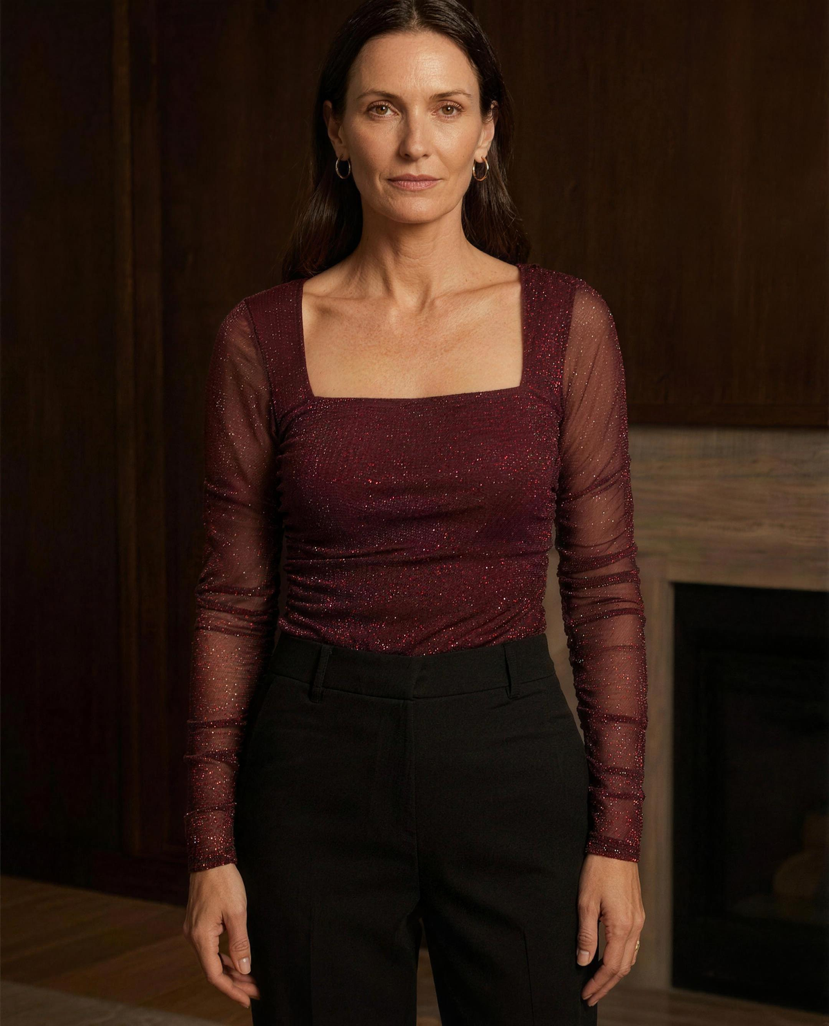 The Solene Glitter Mesh Top in burgundy, full front view showing the side ruching