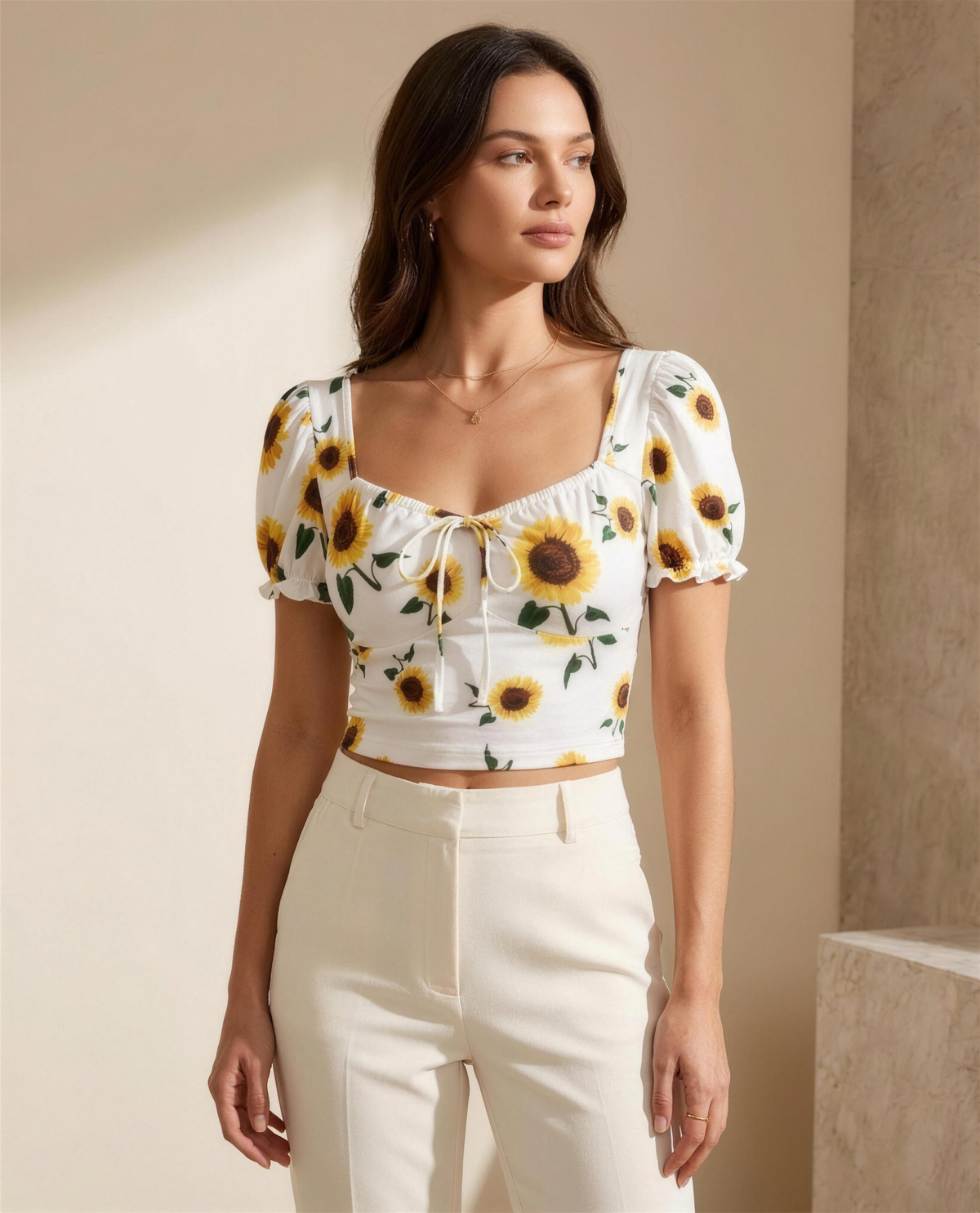The Marlowe Sunflower Crop Top in white sunflower print jersey with drawstring sweetheart neckline