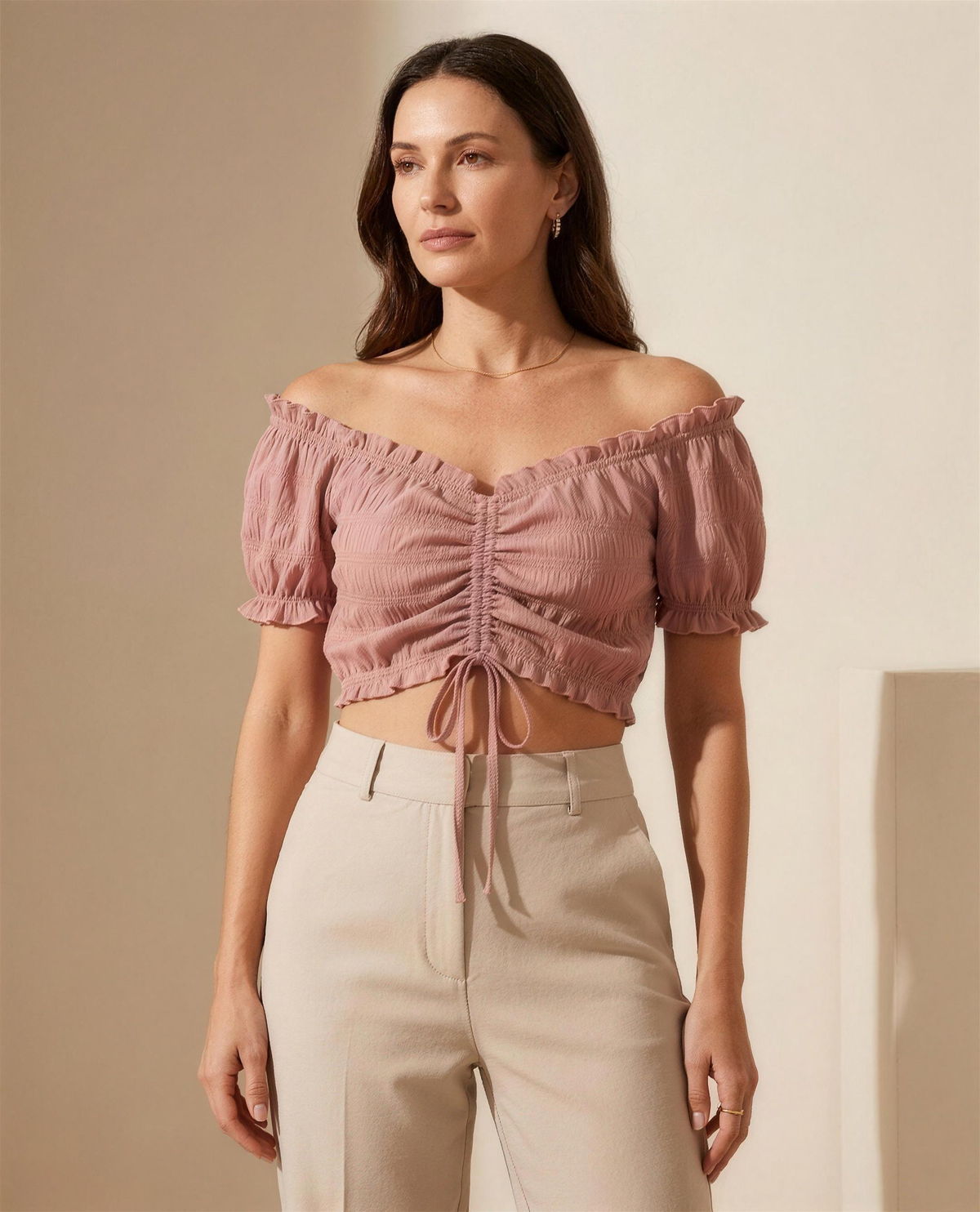 The Elowen Ruched Blouse in dusty rose, full front view