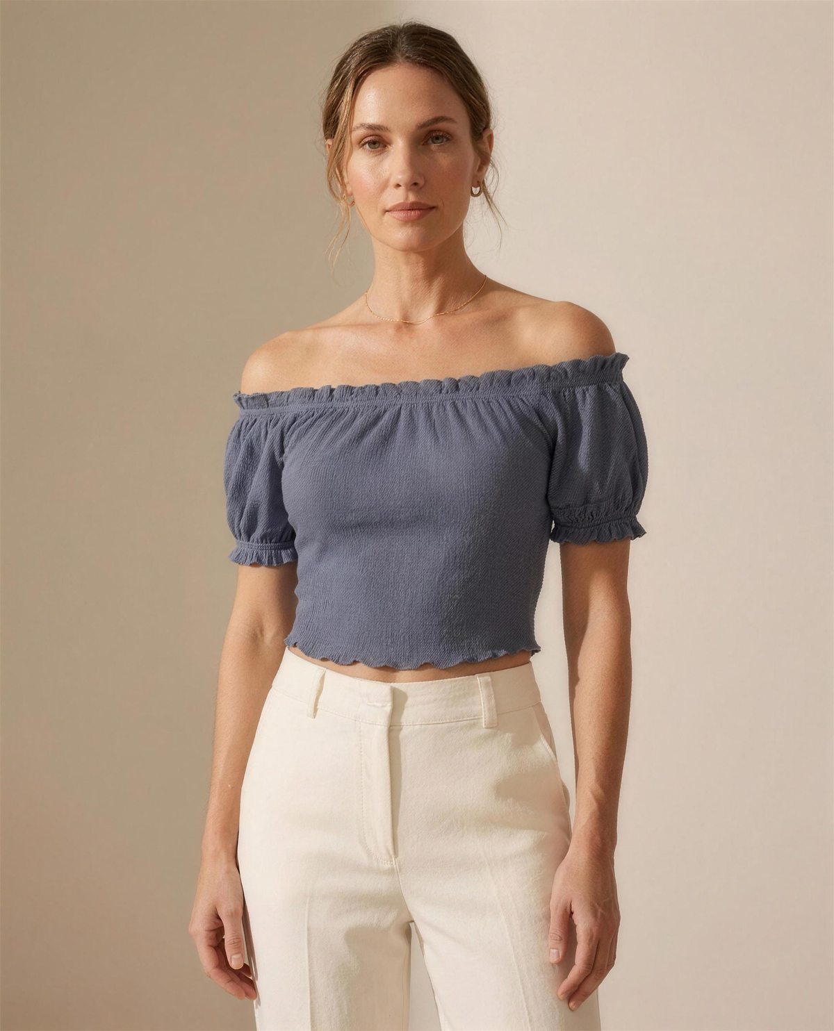 The Colette Broderie Crop Top, full front view showing the lettuce-edged cropped hem