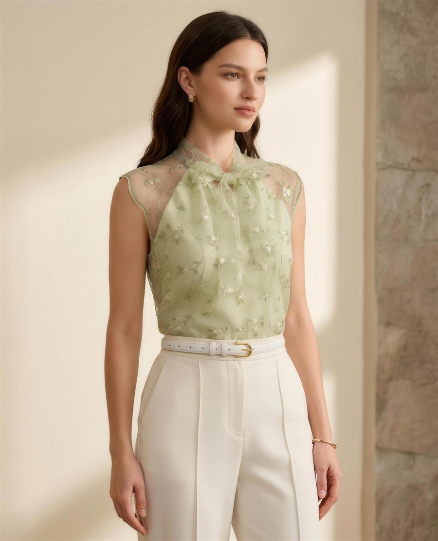 The Verbena Embroidered Organza Top in sage, bow-tied stand collar with sheer illusion shoulders