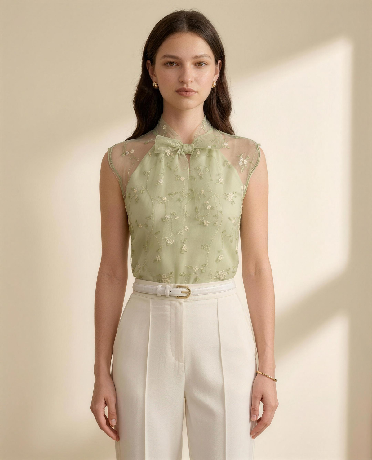 The Verbena Embroidered Organza Top, full front view