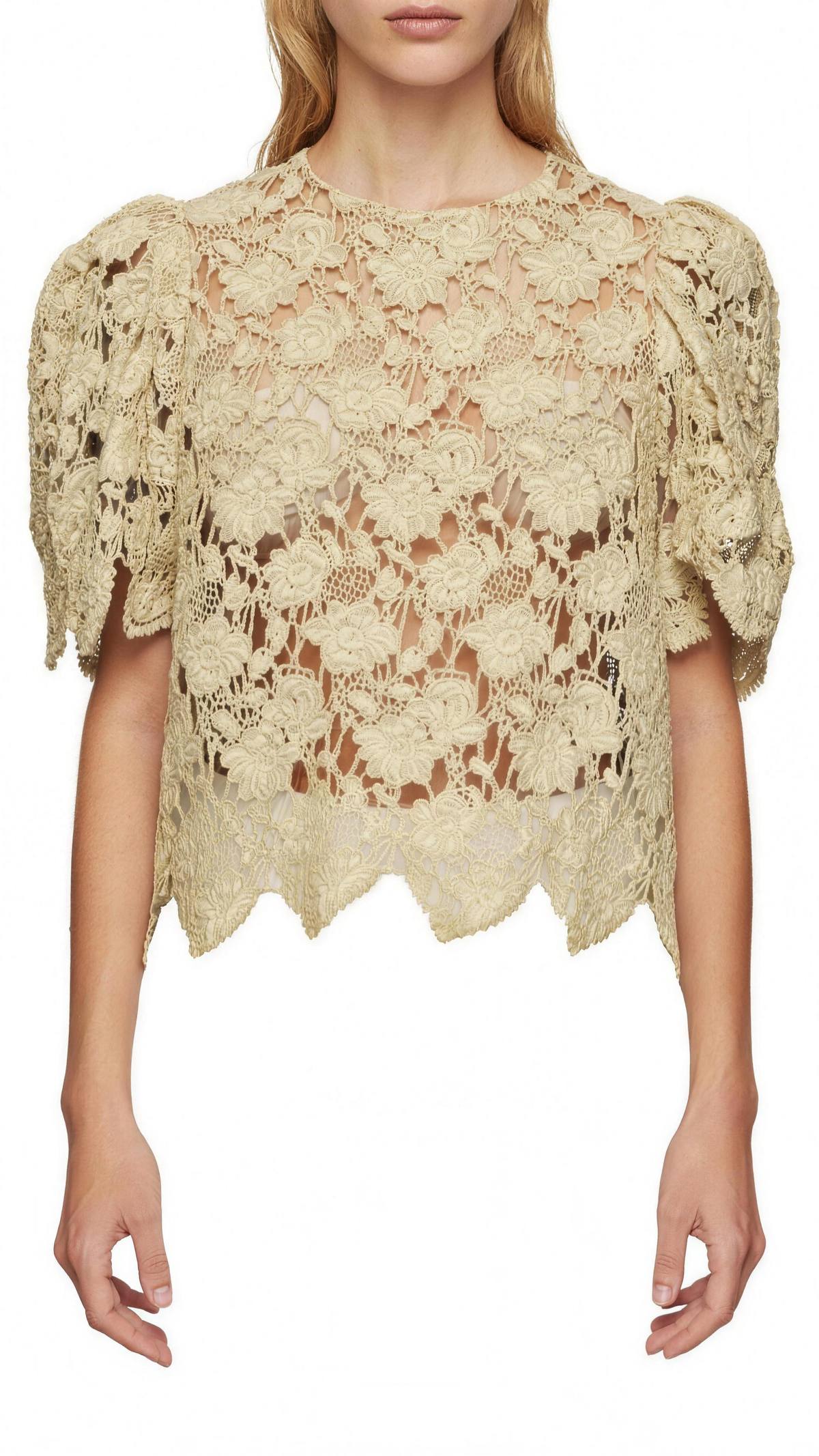 The Lisette Lace Print Blouse — clean full front view, apricot floral lace blouse, round neck, short puff sleeves, cropped at the waist