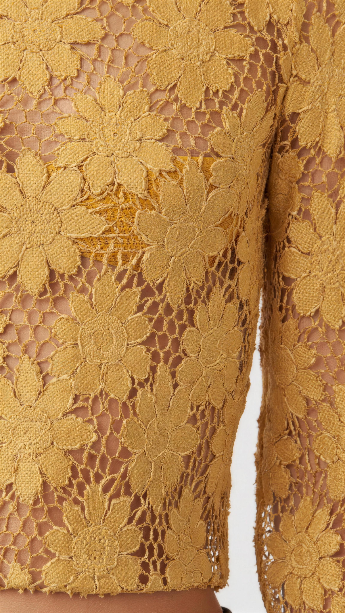 The Lisette Lace Print Blouse — close-up of floral lace print fabric, intricate hollow-out openwork motifs on warm apricot woven ground, lined body visible beneath