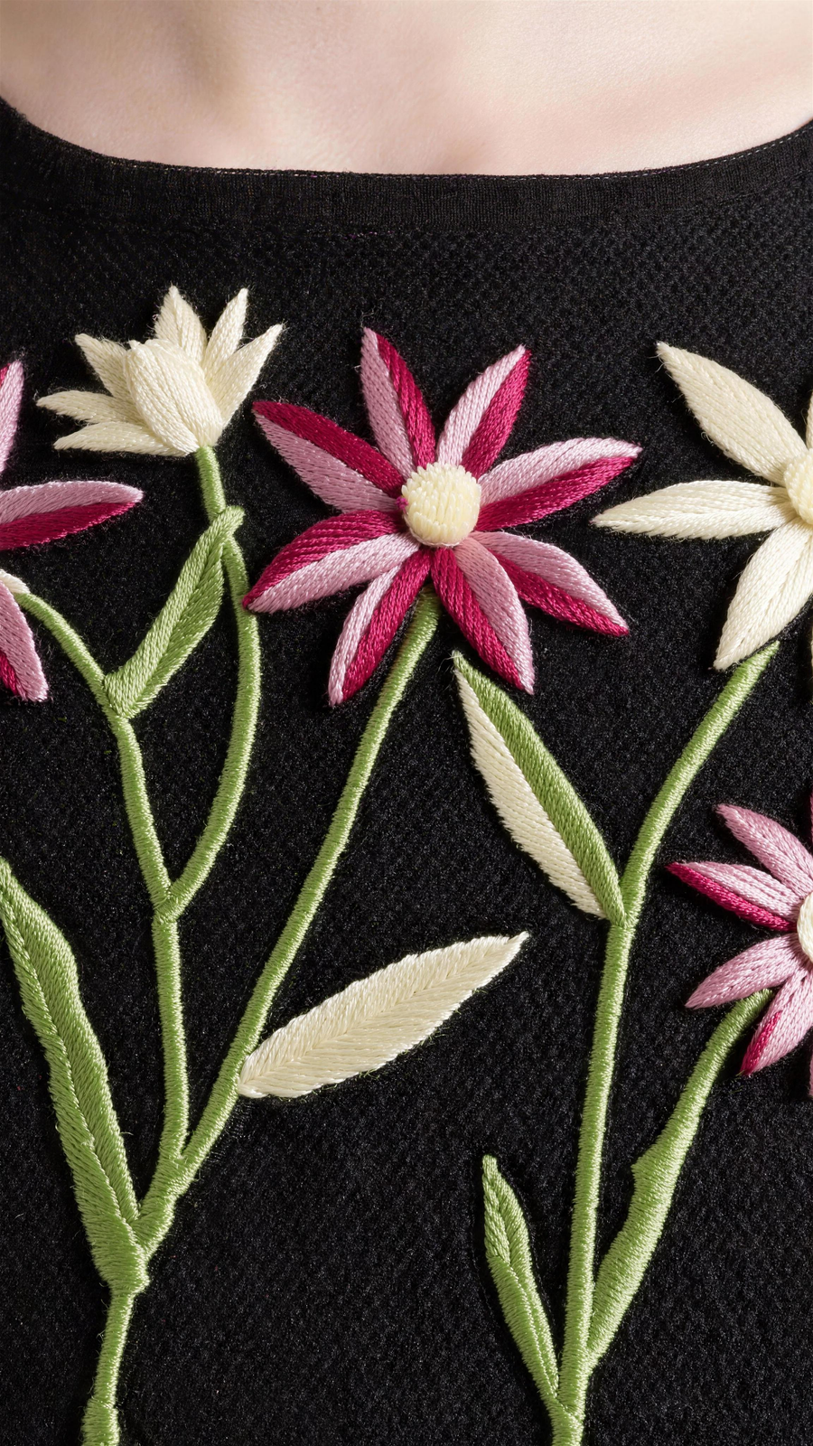 The Cecile Embroidered Peplum Blouse — close-up of raised 3D floral embroidery on black contrast mesh, pink and cream flowers on sage stems standing proud of the open mesh surface